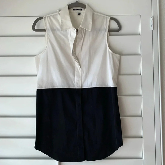 THEORY EUC Black White Colorblock Button Front Top - Picture 2 of 7